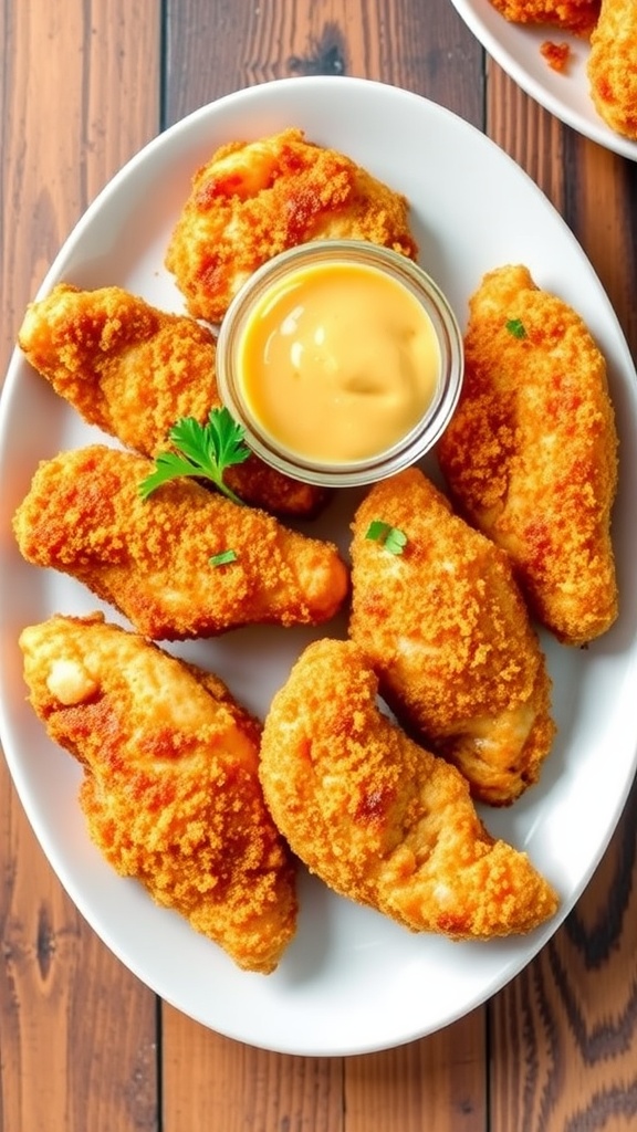 Golden-brown baked chicken tenders on a plate with honey mustard sauce and parsley, on a rustic wooden table.